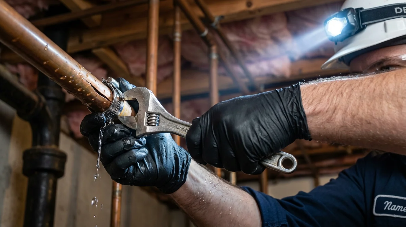 Emergency pipe clamp repair being performed by a Johns Plumbing LLC plumber in Galeton
