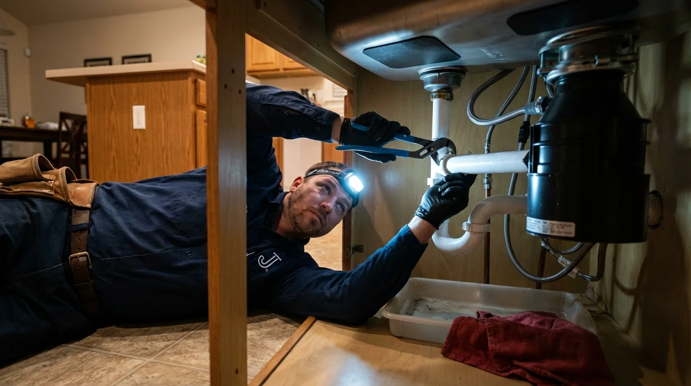 P-trap and supply line connections under a kitchen sink showing a common leak point in Galeton, PA